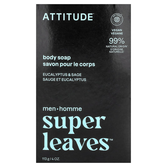 ATTITUDE, Super Leaves™, Body Bar Soap, For Men, Eucalyptus & Sage, 4 oz (113 g)