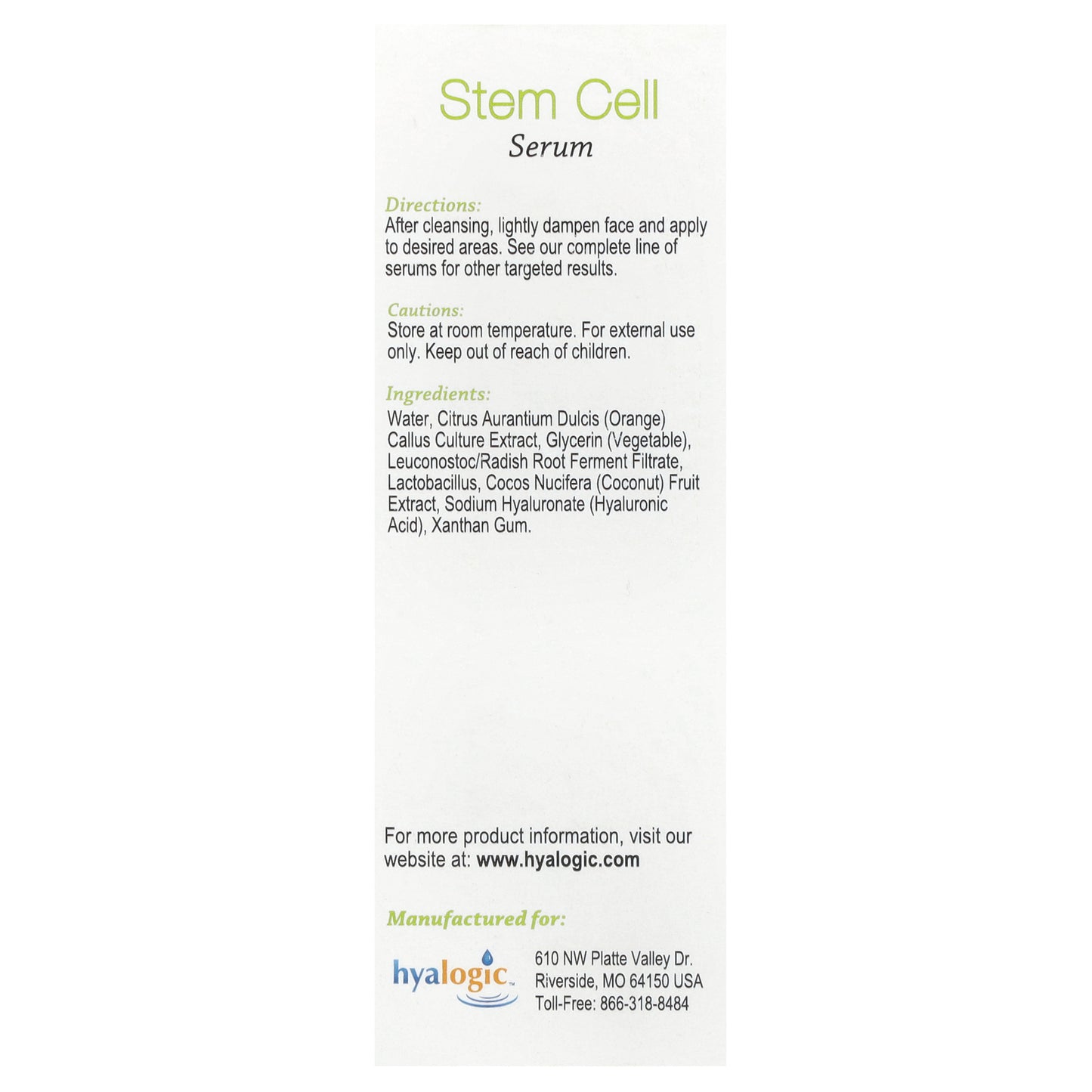 Hyalogic, Stem Cell Serum with Hyaluronic Acid & Citrustem, Fragrance Free, 0.47 fl oz (13.5 ml)