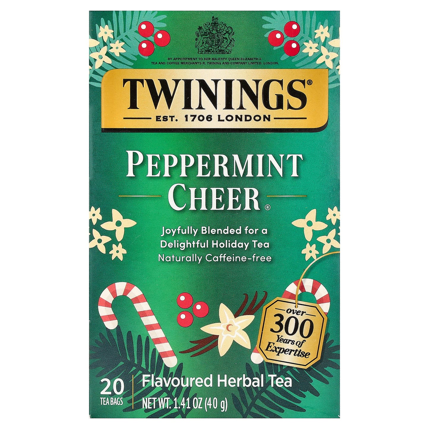 Twinings, Flavored Herbal Tea, Peppermint Cheer, Caffeine Free, 20 Tea Bags, 1.41 oz (40 g)