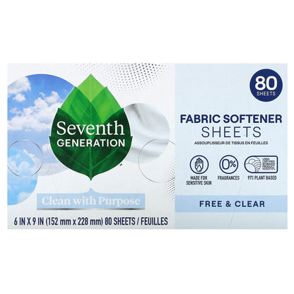 Seventh Generation, Fabric Softener Sheets, Free & Clear, 80 Sheets