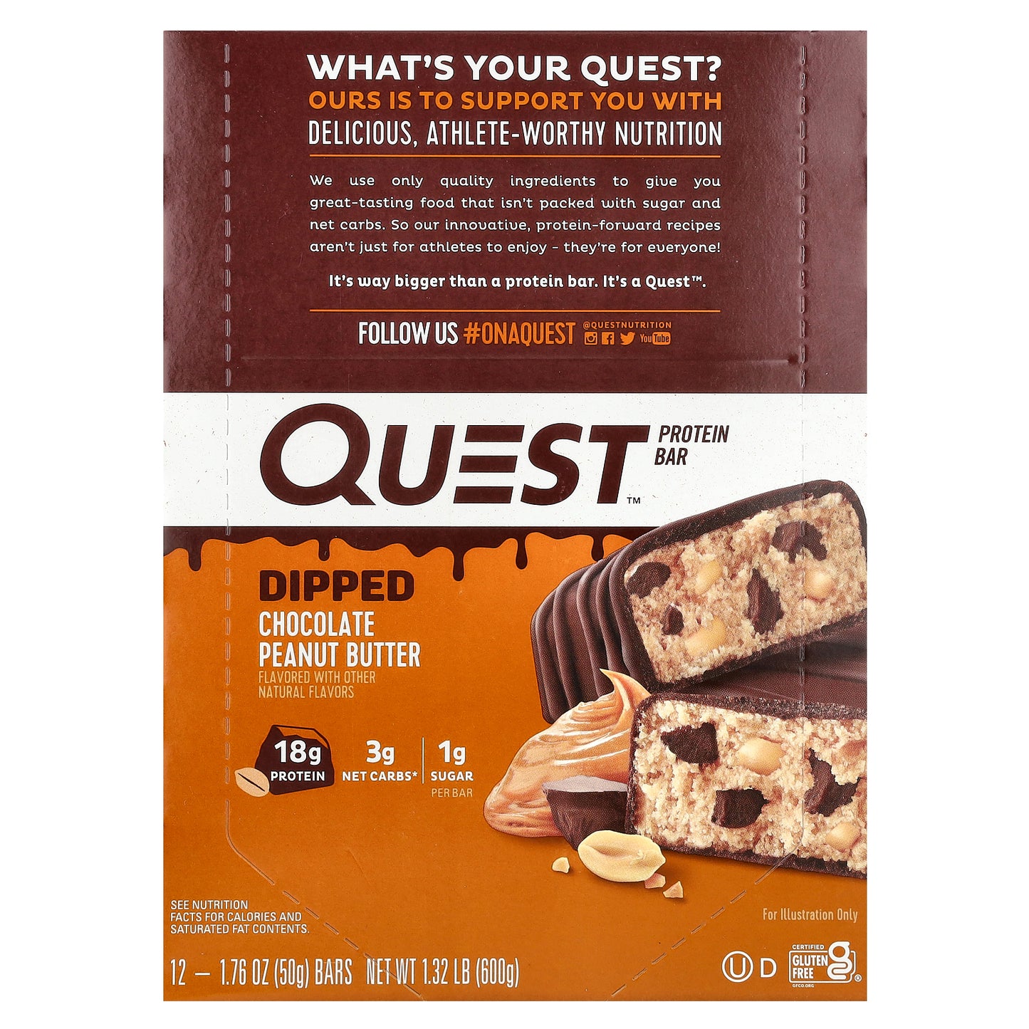 Quest Nutrition, Protein Bar, Dipped Chocolate Peanut Butter, 12 Bars, 1.76 oz (50 g) Each