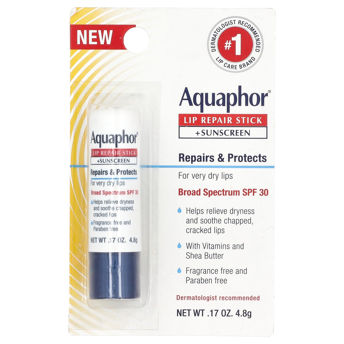 Aquaphor, Lip Repair Stick + Sunscreen, SPF 30, Fragrance Free, 0.17 oz (4.8 g)