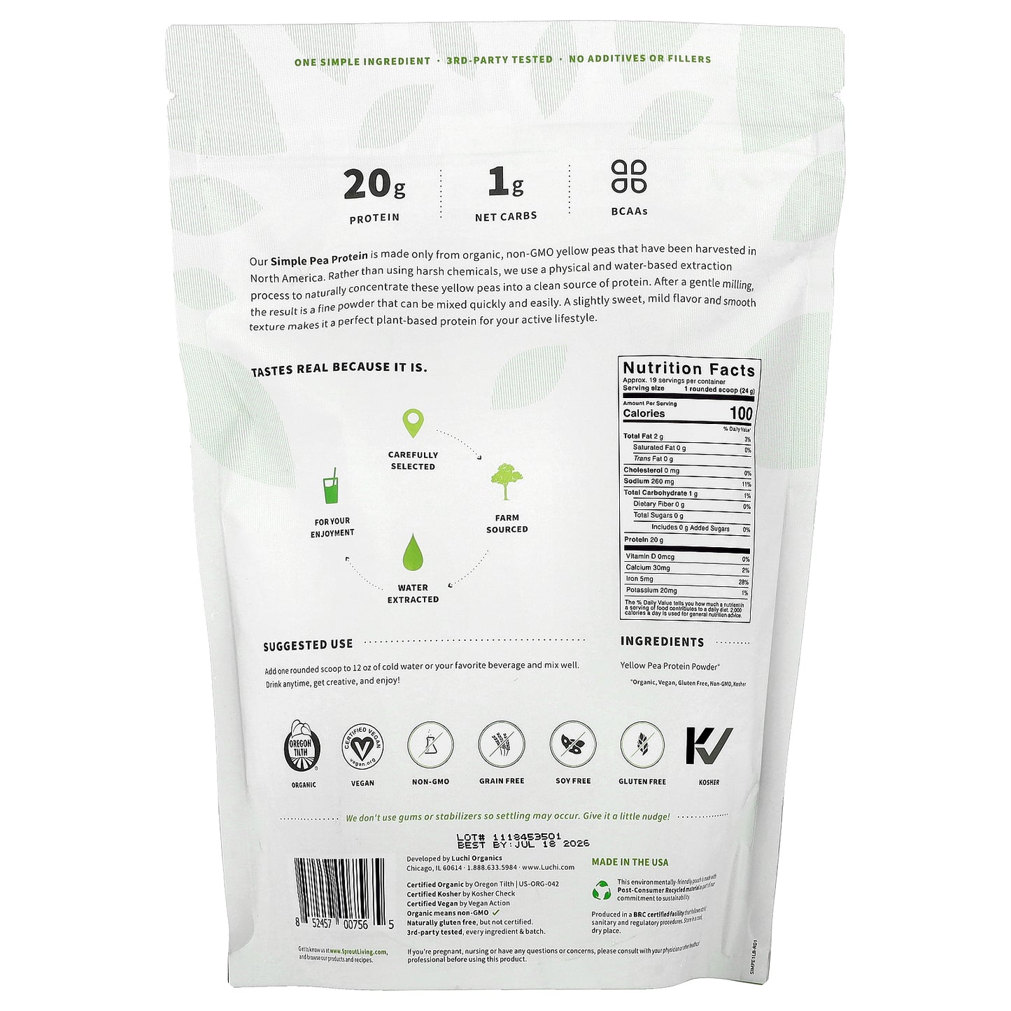 Sprout Living, Simple Pea Protein, 1 lb (454 g)