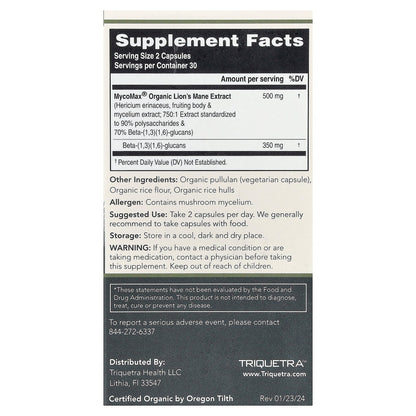 Triquetra Health, MycoMax®, Lion's Mane Extract, Maximum Strength , 60 Capsules (250 mg per Capsule)