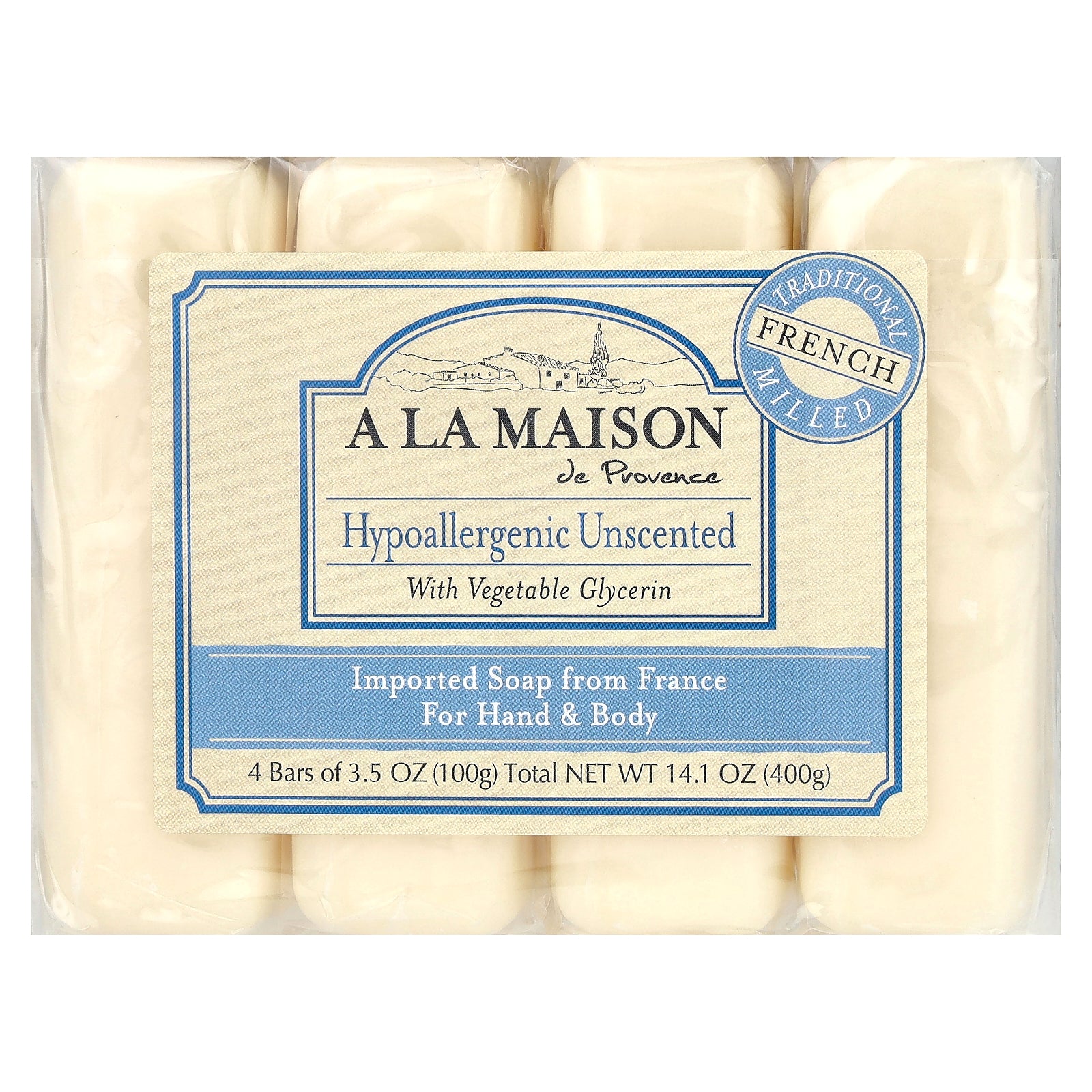 A La Maison de Provence, Hand & Body Bar Soap, Hypoallergenic Unscented, 4 Bars, 3.5 oz (100 g) Each