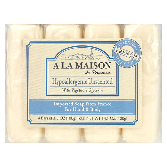 A La Maison de Provence, Hand & Body Bar Soap, Hypoallergenic Unscented, 4 Bars, 3.5 oz (100 g) Each