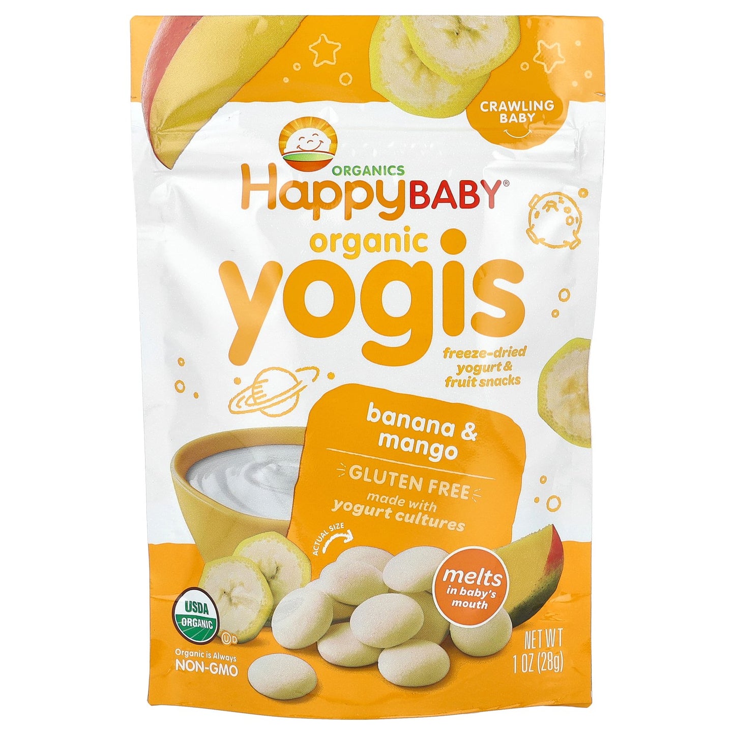 Happy Family Organics, Happy Baby®, Organic Yogis, Freeze Dried Yogurt & Fruit Snacks, Crawling Baby, Banana & Mango, 1 oz (28 g)