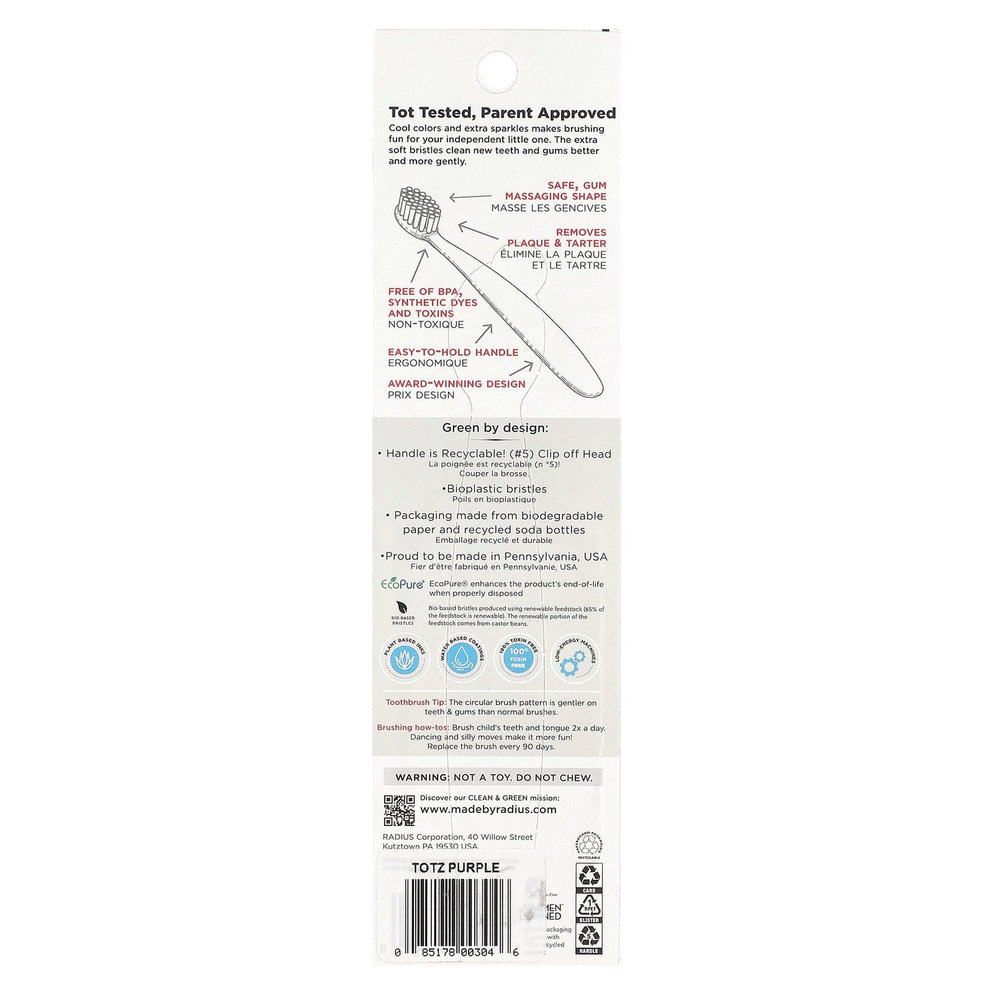 RADIUS, Totz® Toothbrush, 18+ Months, Extra Soft, Purple Sparkle, 1 Toothbrush