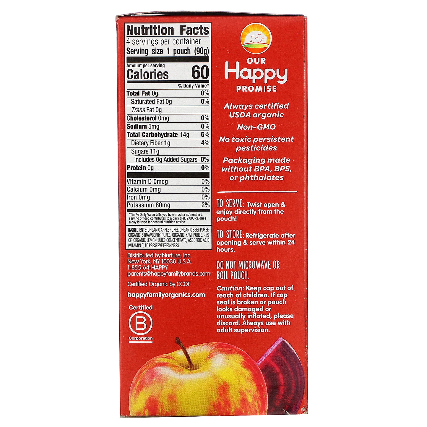 Happy Family Organics, Happy Kid, Organic Apple, Beet, Strawberry & Kiwi, 4 Pouches, 3.17 oz (90 g) Each