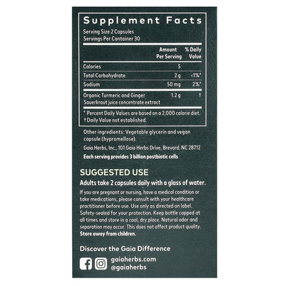 Gaia Herbs, Ginger-Turmeric Postbiotic, 60 Vegan Liquid Phyto-Caps (0.6 g per Capsule)
