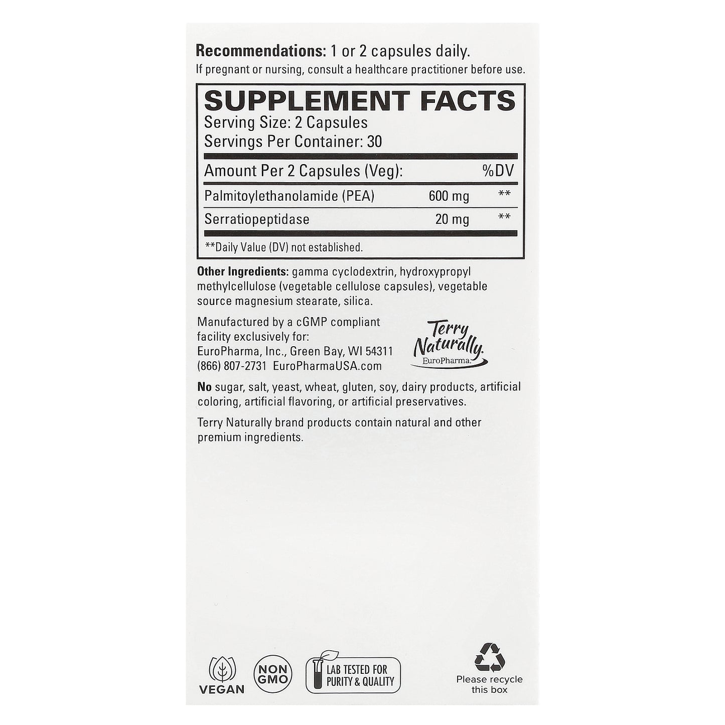 Terry Naturally, PEA Healthy Inflammation Response With Serratiopeptidase, 60 Capsules