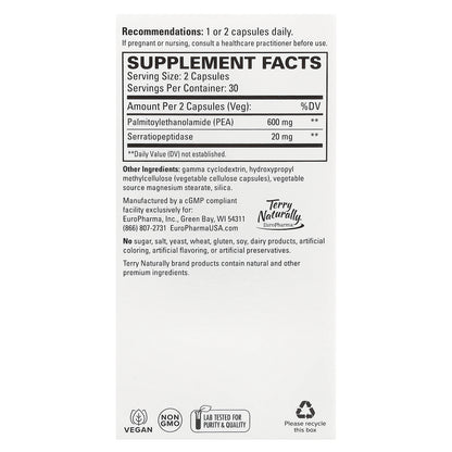 Terry Naturally, PEA Healthy Inflammation Response With Serratiopeptidase, 60 Capsules