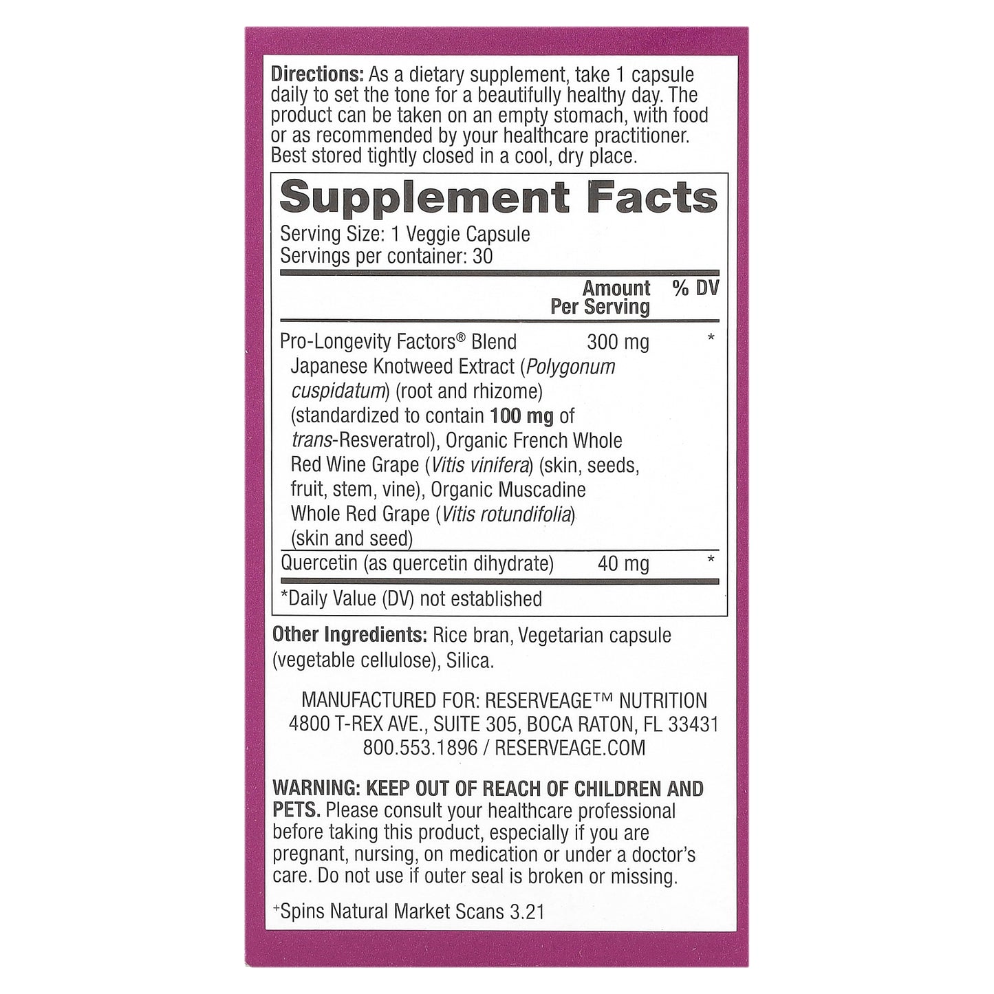 Reserveage Beauty, Resveratrol, 30 Veggie Capsules