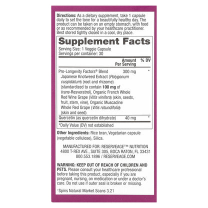 Reserveage Beauty, Resveratrol, 30 Veggie Capsules