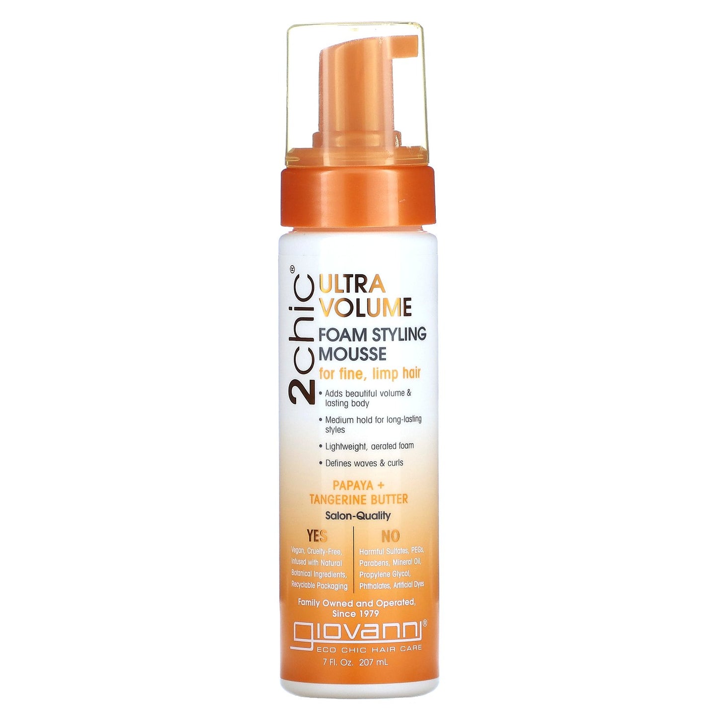 Giovanni, 2chic, Ultra-Volume Foam Styling Mousse, For Fine, Limp Hair, Papaya + Tangerine  Butter, 7 fl oz (207 ml)