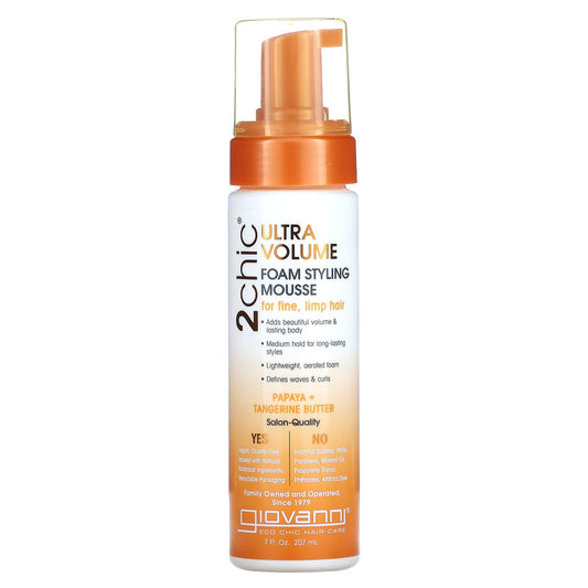 Giovanni, 2chic, Ultra-Volume Foam Styling Mousse, For Fine, Limp Hair, Papaya + Tangerine  Butter, 7 fl oz (207 ml)