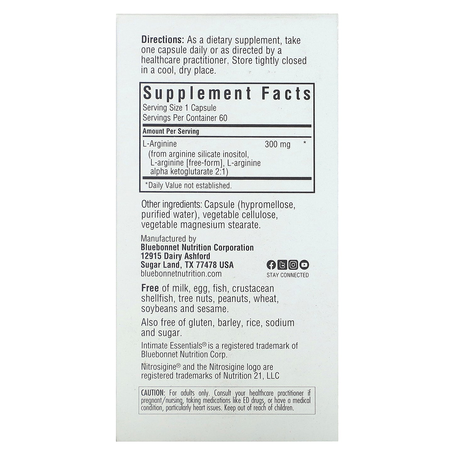 Bluebonnet Nutrition, Intimate Essentials, Nitro, For Him & For Her, 60 Vegetable Capsules (300 mg per Capsule)