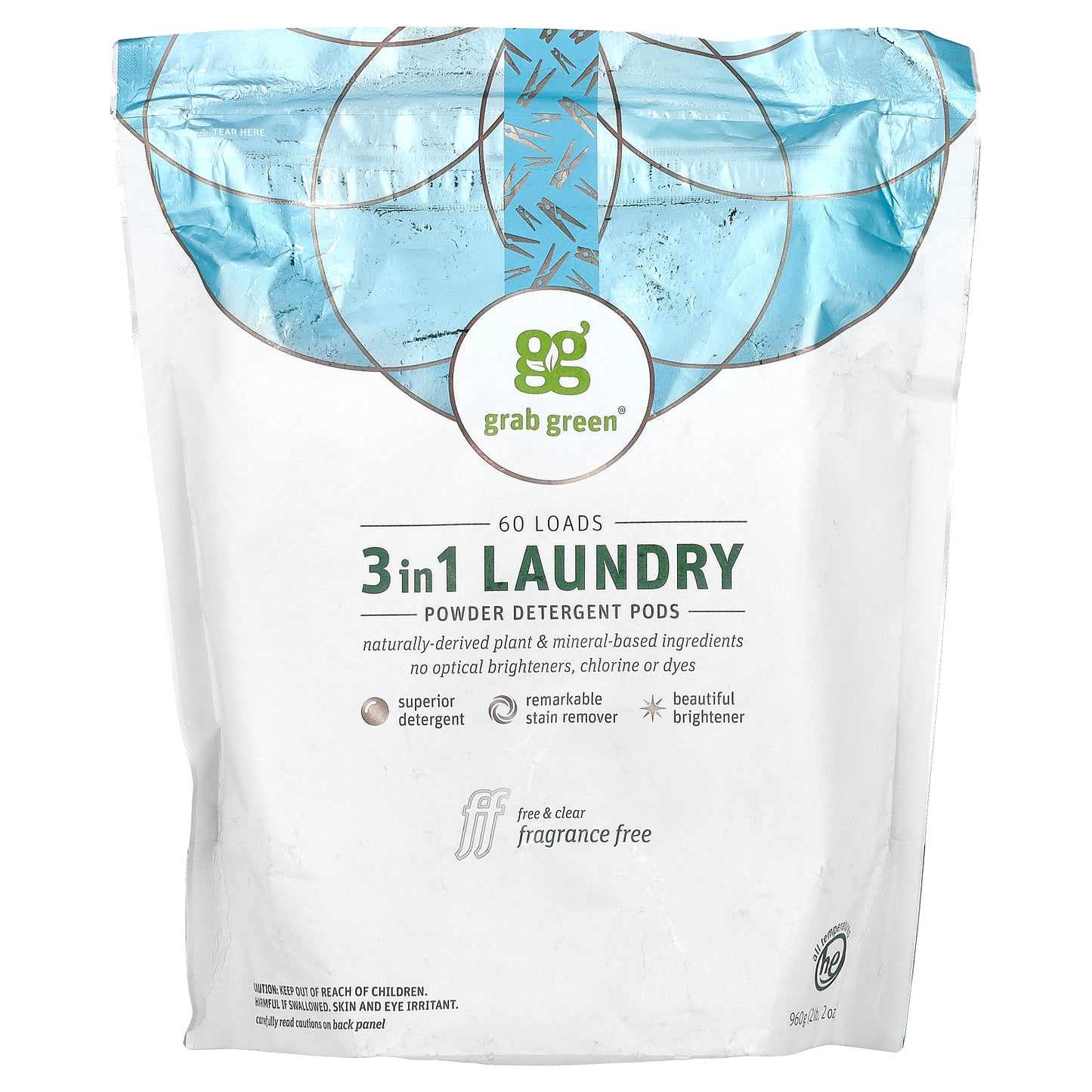 Grab Green, 3-in-1 Laundry Detergent Pods, Fragrance Free, 60 Loads, 2 lb 2 oz, (960 g)