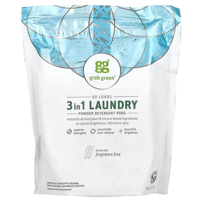 Grab Green, 3-in-1 Laundry Detergent Pods, Fragrance Free, 60 Loads, 2 lb 2 oz, (960 g)