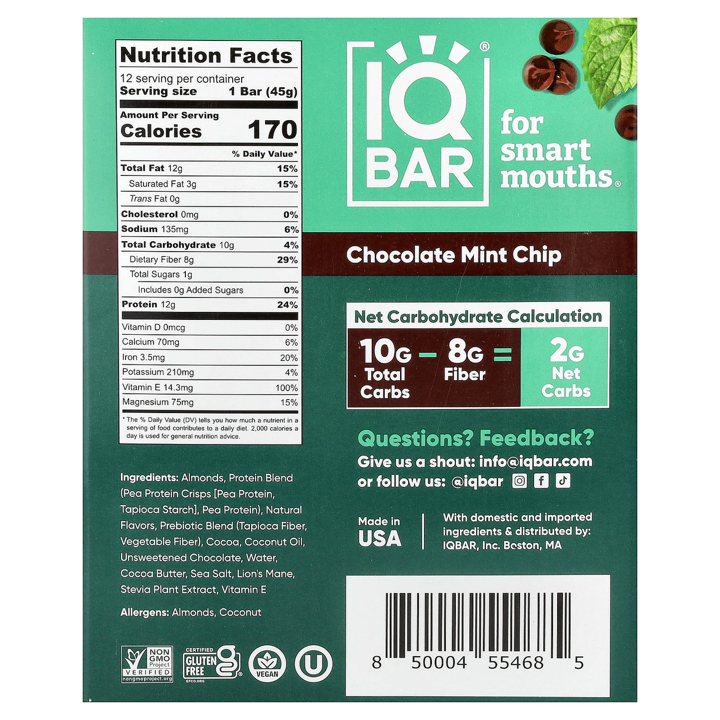 IQBAR, Plant Protein Bars, Chocolate Mint Chip, 12 Bars, 1.6 oz (45 g) Each