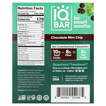IQBAR, Plant Protein Bars, Chocolate Mint Chip, 12 Bars, 1.6 oz (45 g) Each