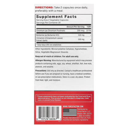 Force Factor, Ultra Berberine, Glucose & Metabolism Formula, 60 Vegetable Capsules (250 mg Per Capsule)