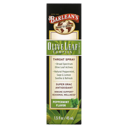 Barlean's, Olive Leaf Complex, Throat Spray, Peppermint, 1.5 fl oz (45 ml)