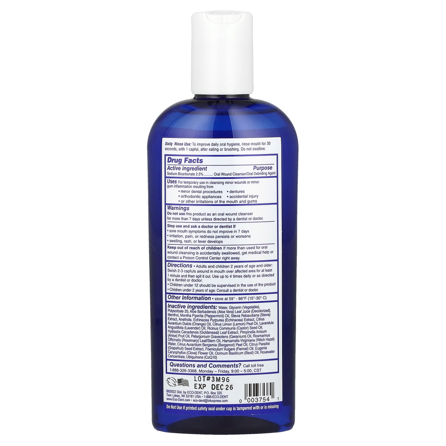 Eco-Dent, Ultimate Essential MouthCare®, DailyRinse™ & Oral Wound Cleanser/Debriding Agent, Alcohol Free, Sparkling Clean Mint, 8 fl oz (237 ml)