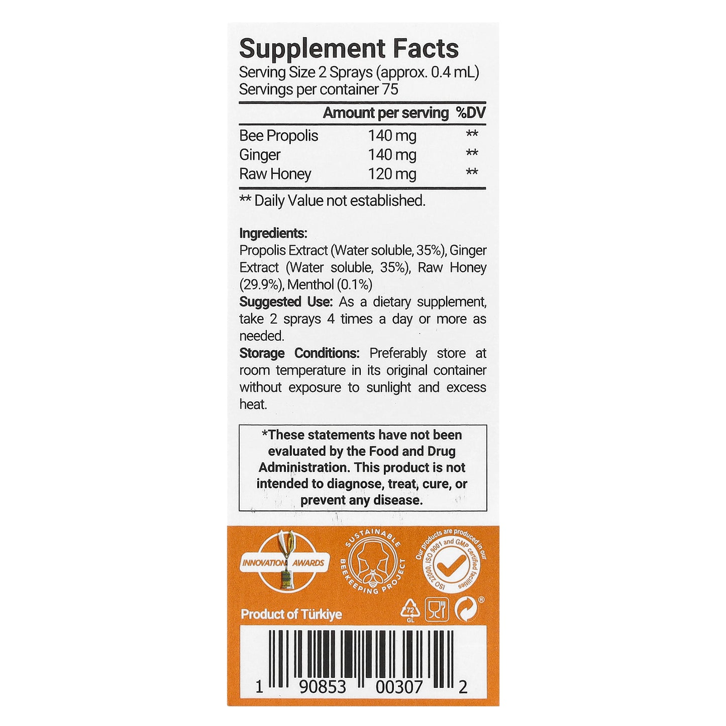 Bee & You, Propolis Ginger Throat Spray, 1 fl oz (30 ml)