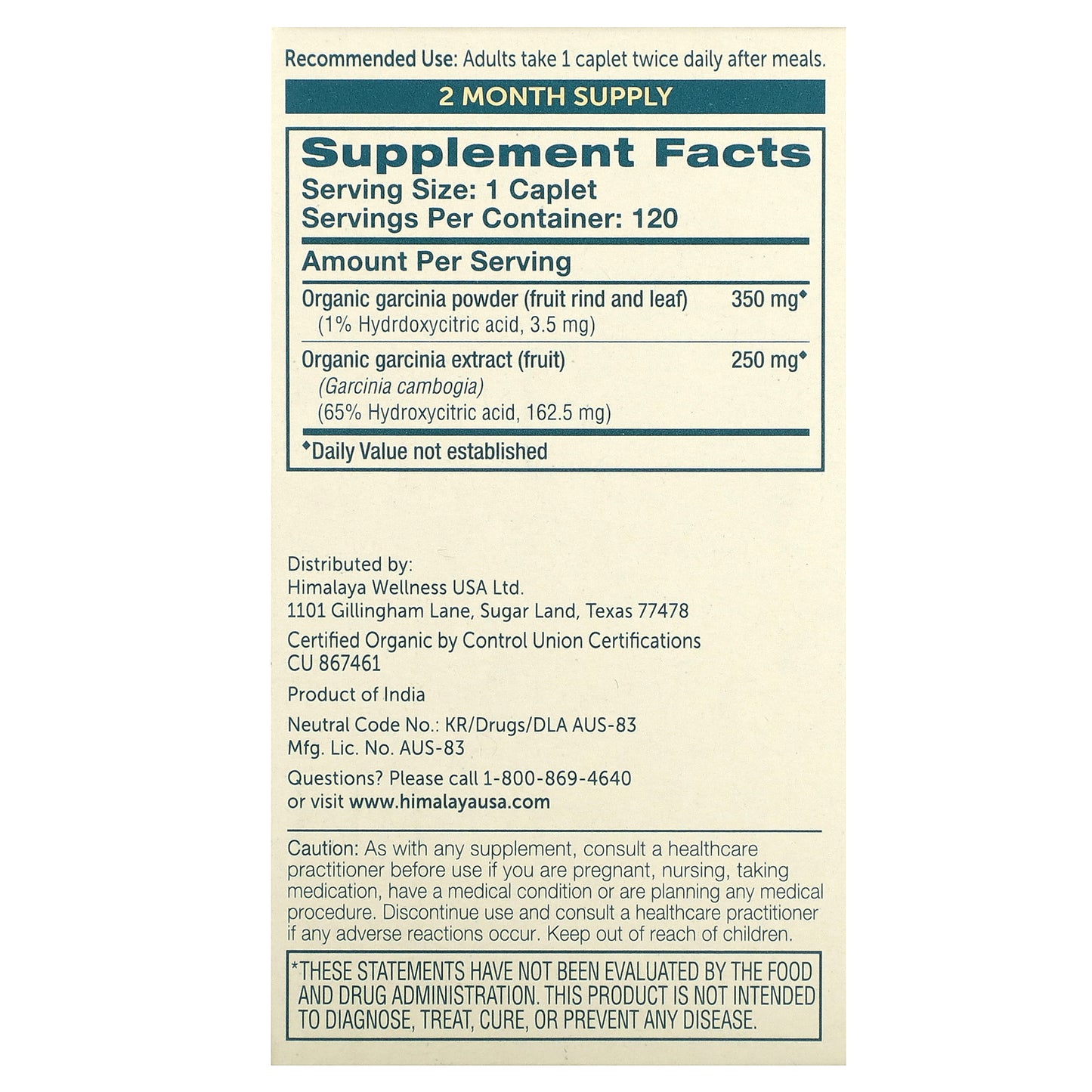 Himalaya, Organic Garcinia, 120 Caplets