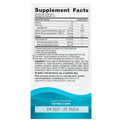 Nordic Naturals, Ultimate Omega®, Plant-Based With D3 + K2, Lemon, 60 Soft Gels