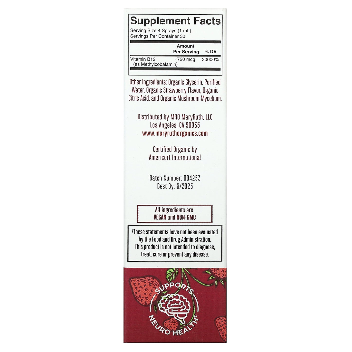 MaryRuth's, Organic Methyl B12 Liquid Spray, Strawberry, 720 mcg, 1 fl oz (30 ml)