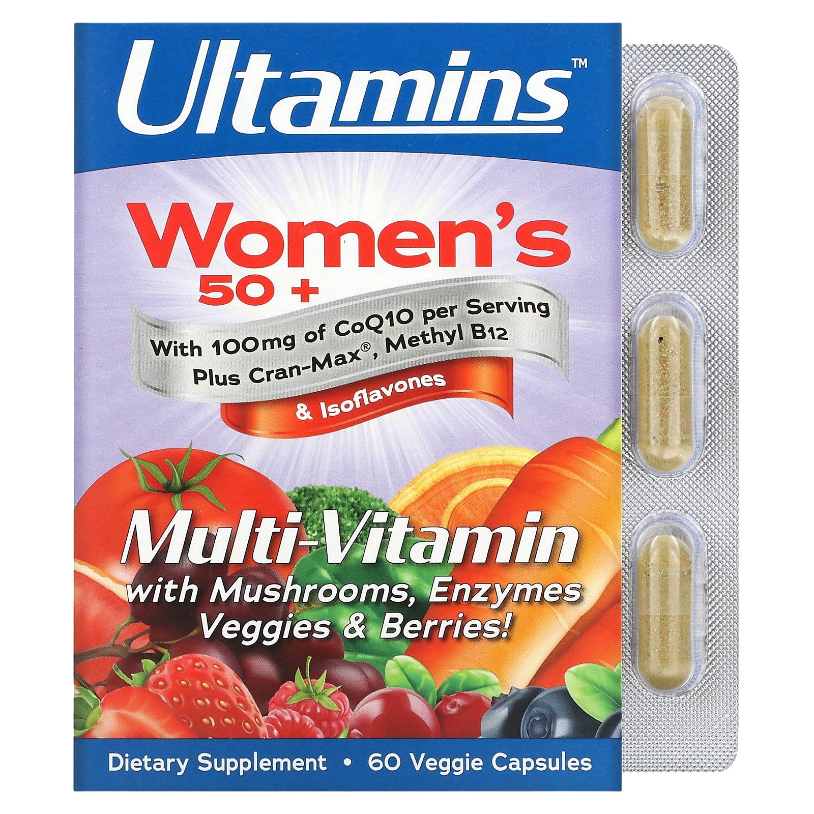 Ultamins, Women's 50+ Multivitamin with CoQ10, Mushrooms, Enzymes, Veggies & Berries, 60 Veggie Capsules