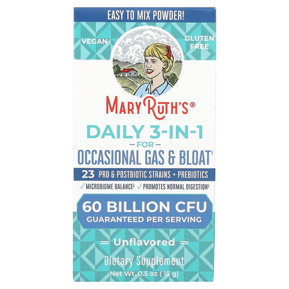 MaryRuth's, Daily 3-in-1 for Occasional Gas & Bloat, Unflavored, 60 Billion CFU, 0.5 oz (15 g)