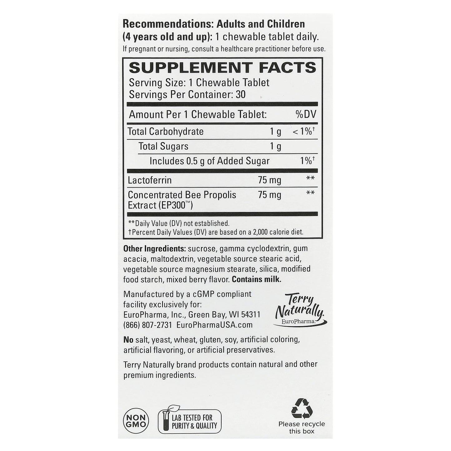 Terry Naturally, Lactoferrin With Propolis Extract, Mixed Berry, 30 Chewable Tablets