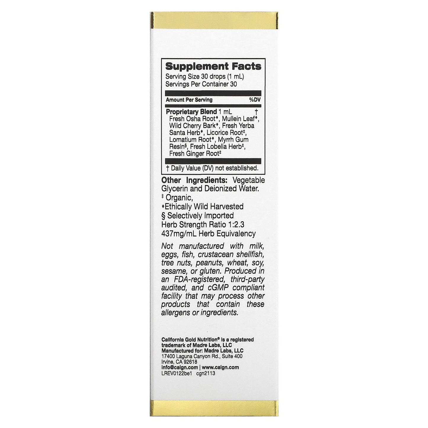 California Gold Nutrition, Bronchial Ease with Proprietary Blend of Fresh Osha Root, Mullein Leaf and Wild Cherry Bark, 1 fl oz (30 ml)