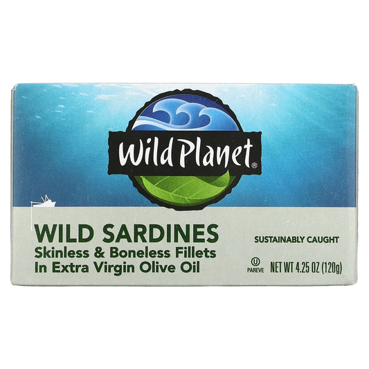 Wild Planet, Wild Sardines Skinless & Boneless Fillets in Extra Virgin Olive Oil, 4.25 oz (120 g)