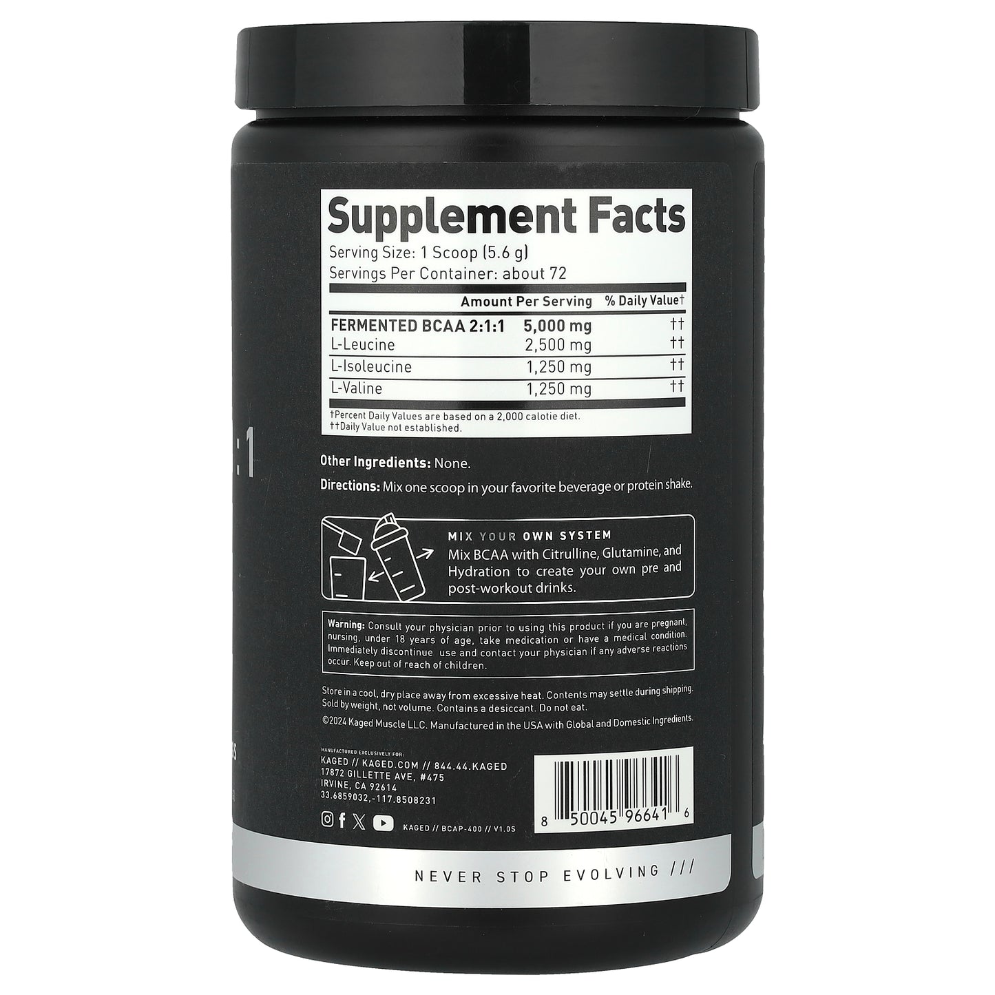 Kaged, BCAA 2:1:1, Unflavored, 14.2 oz (403.2 g)