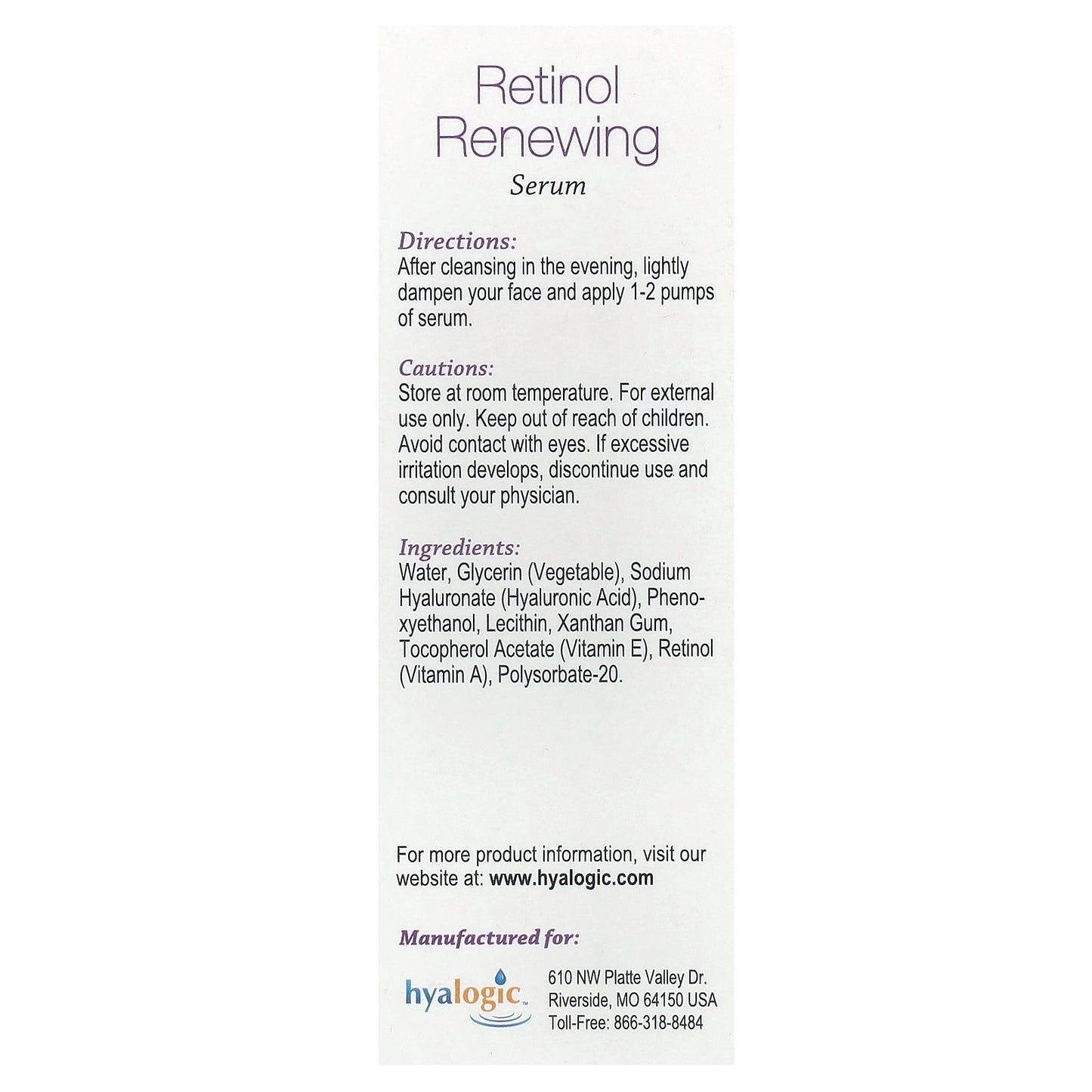 Hyalogic, Retinol Renewing Serum with Hyaluronic Acid & Vitamin E, Fragrance Free, 0.47 fl oz (13.5 ml)