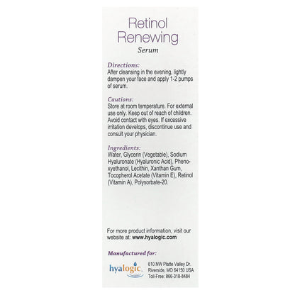 Hyalogic, Retinol Renewing Serum with Hyaluronic Acid & Vitamin E, Fragrance Free, 0.47 fl oz (13.5 ml)