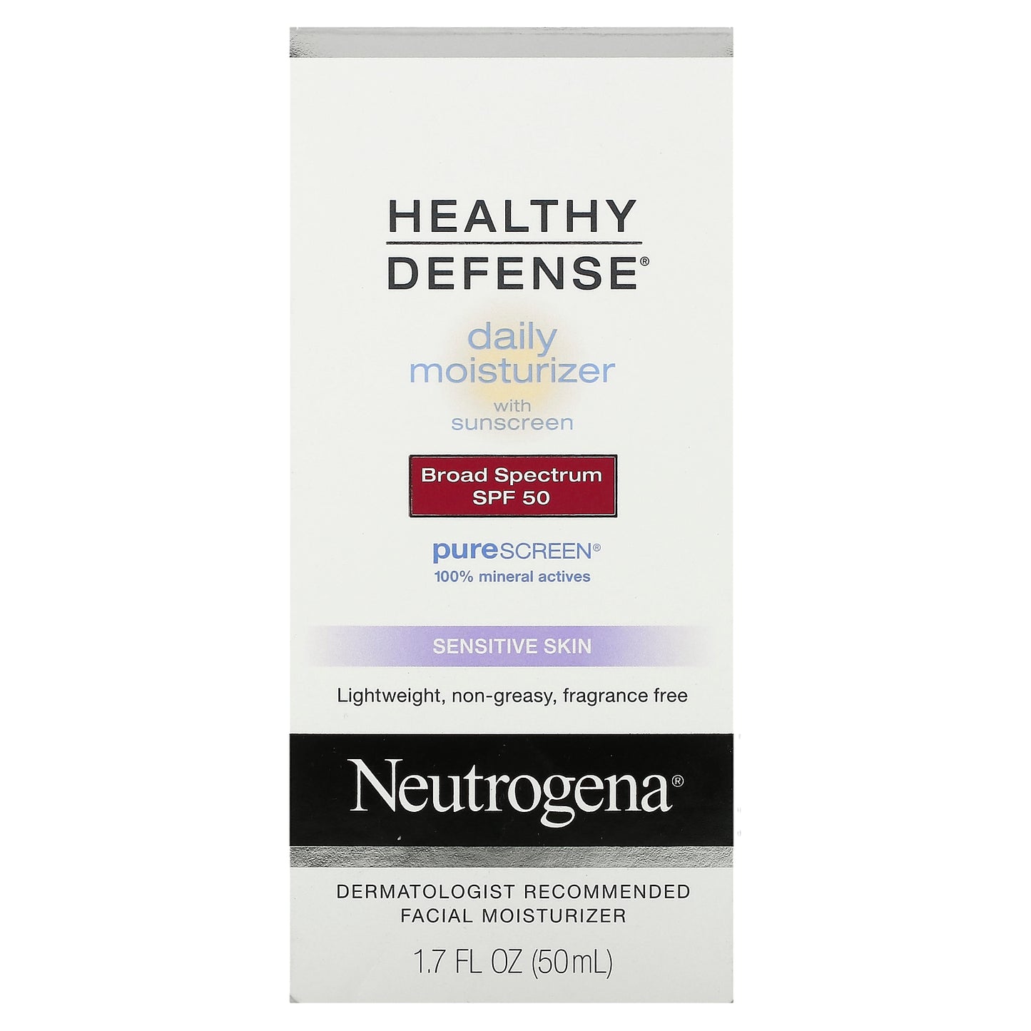 Neutrogena, Healthy Defense, Daily Moisturizer with Sunscreen, Broad Spectrum SPF 50, Sensitive Skin, 1.7 fl oz (50 ml)