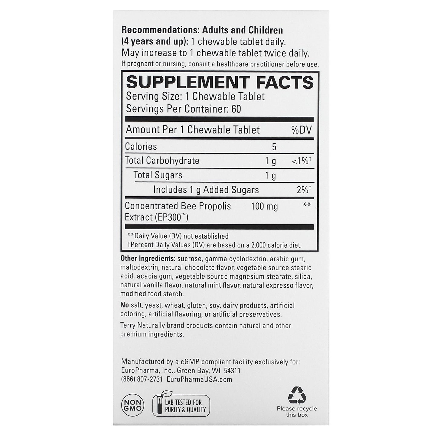 Terry Naturally, Propolis Extract EP 300, 60 Chewable Tablets (100 mg per Tablet)