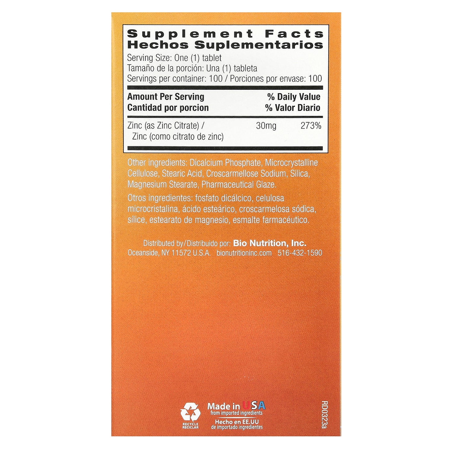 Bio Nutrition, Zinc Citrate , 30 mg , 100 Tablets