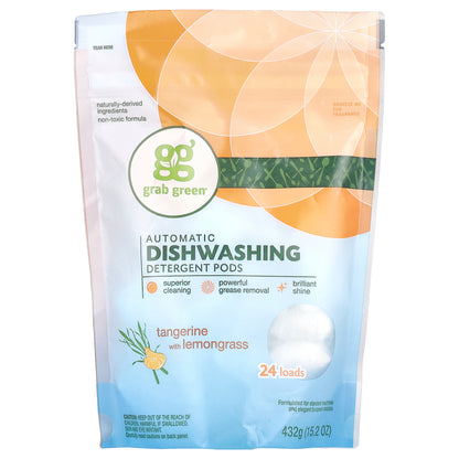 Grab Green, Automatic Dishwashing Detergent Pods, Tangerine with Lemongrass, 24 Loads, 15.2 oz (432 g)