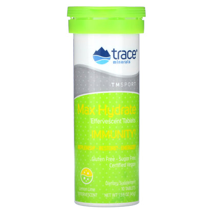 Trace, TM Sport, Max-Hydrate Immunity Effervescent Tablets, Lemon Lime, 8 Tubes, 10 Tablets Each