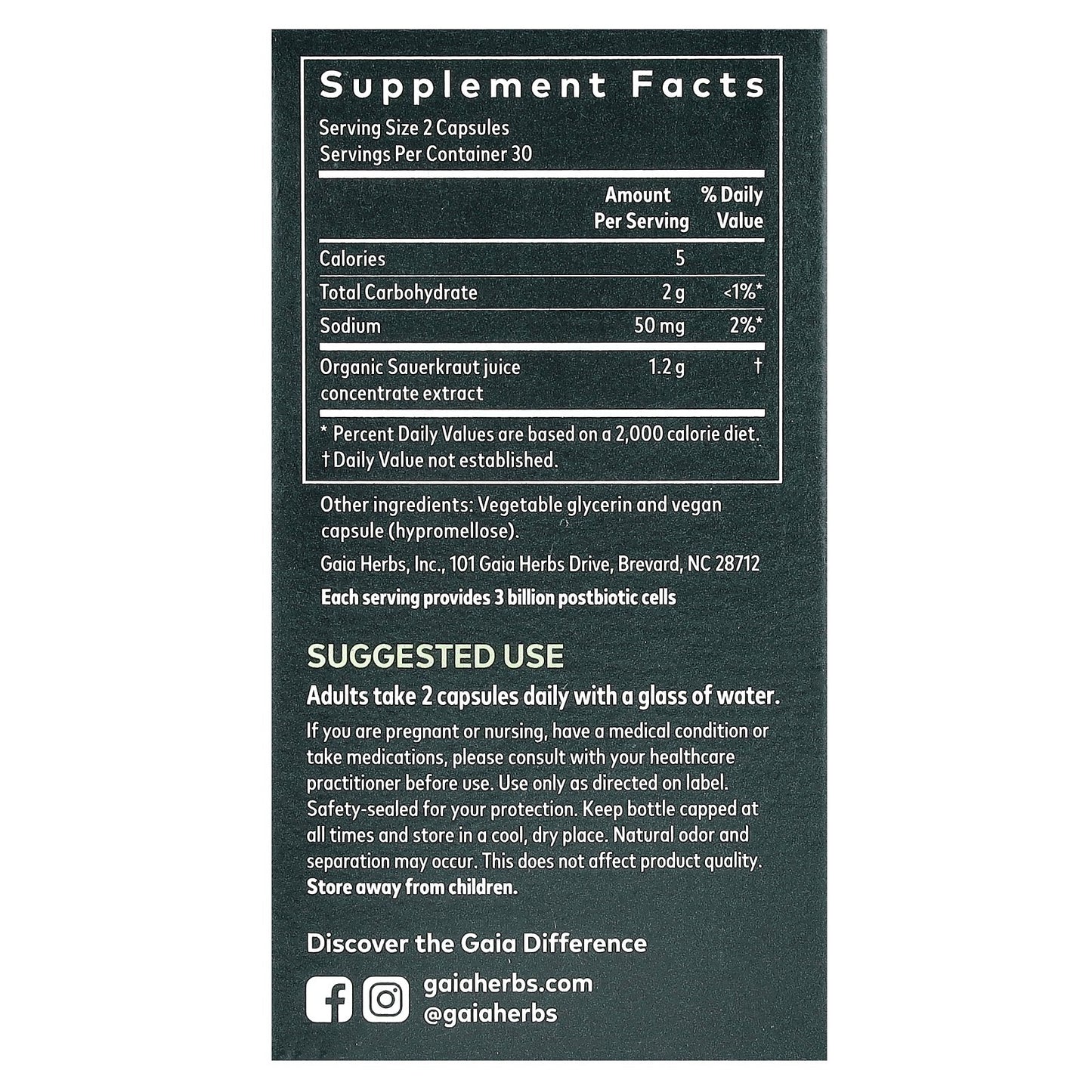Gaia Herbs, Sauerkraut Postbiotic, 60 Vegan Liquid Phyto-Caps (0.6 g per Capsule)