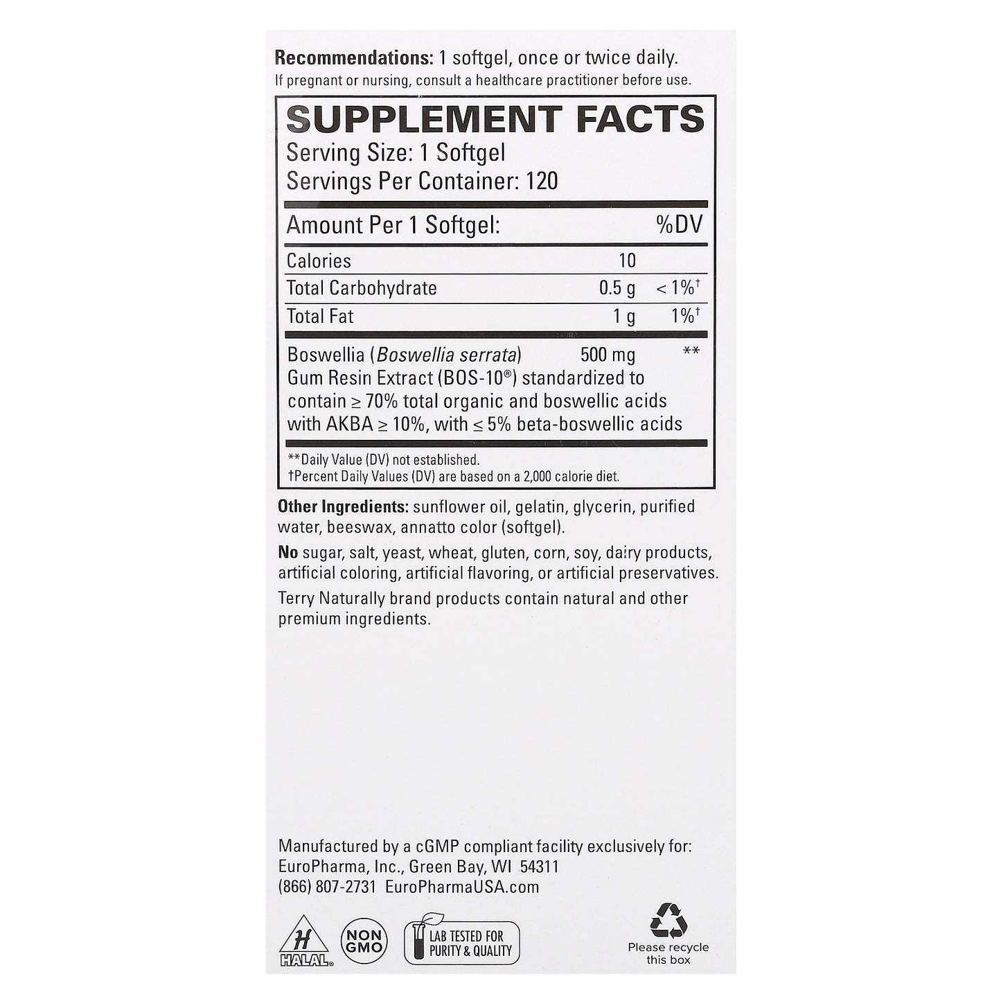 Terry Naturally, BosMed 500, Advanced Boswellia, 500 mg, 120 Softgels