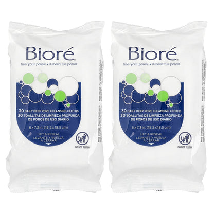 Biore, Daily Deep Pore Cleansing Cloths, 60 Pre-Moistened Cloths
