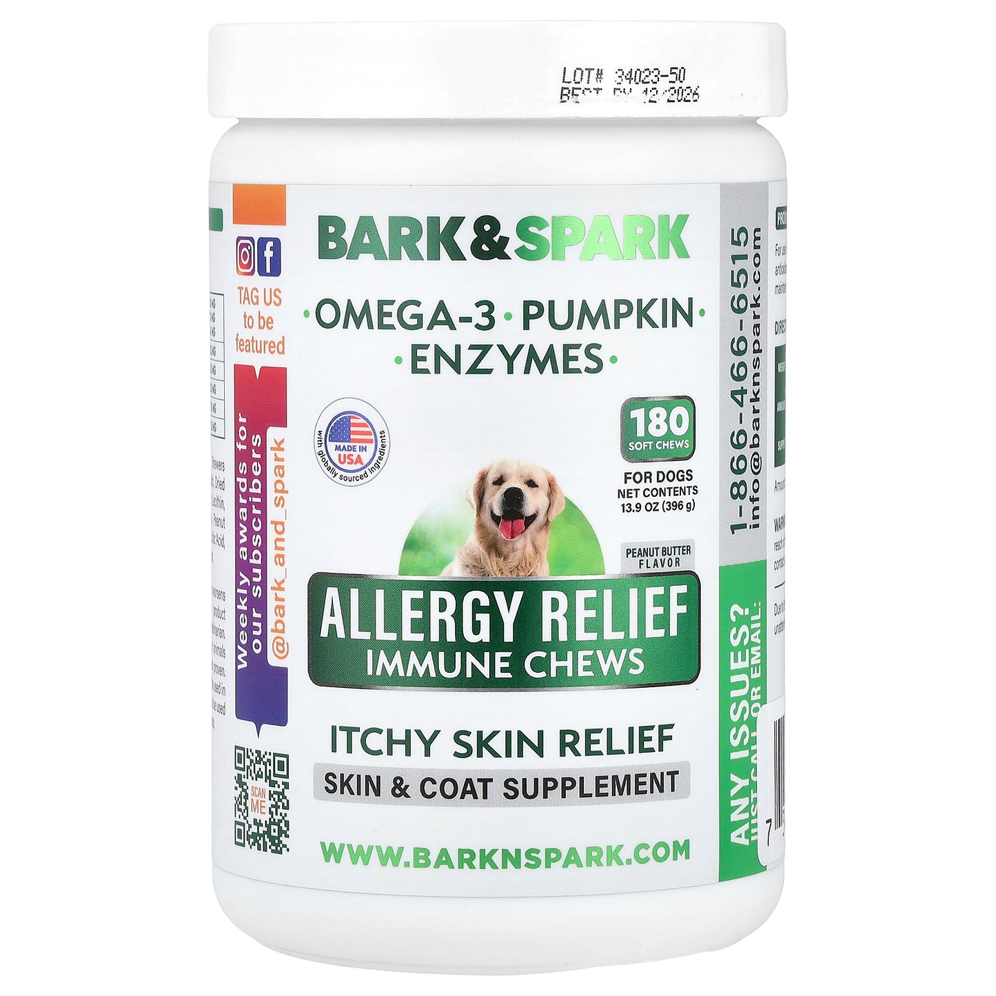 Bark&Spark, Allergy Relief Immune Chews, Itchy Skin Relief, For Dogs, Peanut Butter, 180 Soft Chews, 13.9 oz (396 g)