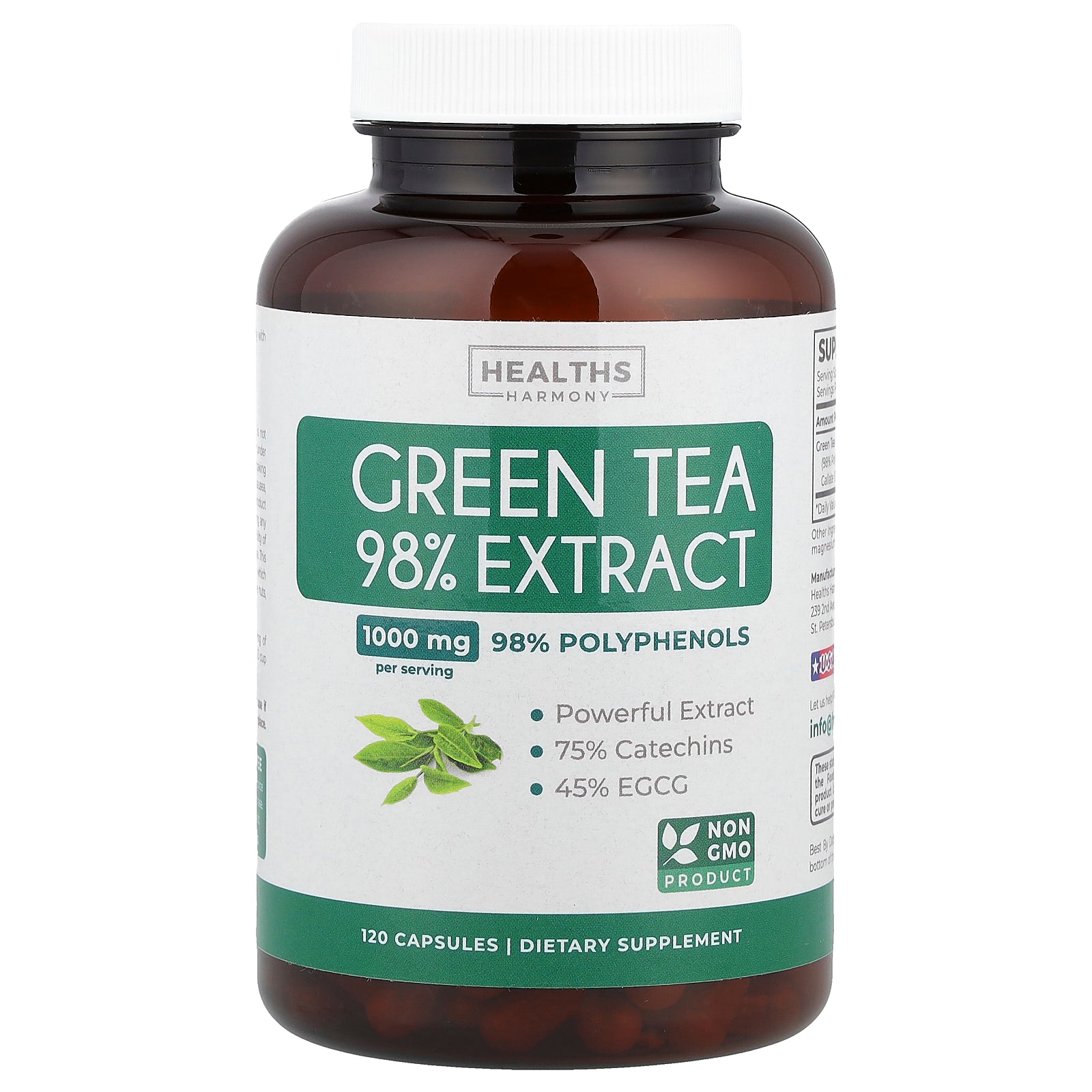 Healths Harmony, Green Tea 98% Extract, 120 Capsules (500 mg per Capsule)
